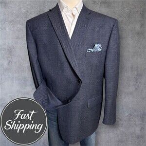 $395 RALPH LAUREN Mens Blazer 56R WOOL Blue Sport Coat Two Button Jacket Plaid
